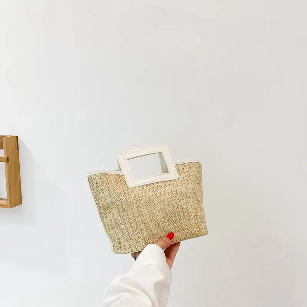 Osadía Beige Woven Tote Bag Lightweight Handmade Retro Square Handle Purse